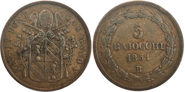 Pius IX 1851 5 Baiocchi